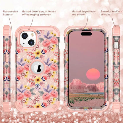 Hocase for iPhone 15 Case, Heavy Duty Shockproof Protection Soft Silicone Rubber Bumper+Hard Plastic Hybrid Protective Case for iPhone 15 (6.1" Display) 2023 - Cute Pink Yellow Flowers