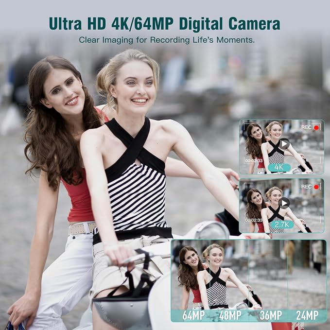 Digital Camera, 4K Vlogging Camera with 64MP, Point and Shoot Digital Cameras with 18X Zoom, Anti-Shake, Mode Dial, 32GB SD Card, Card Reader, Charger, Compact Small Cameras, Off White