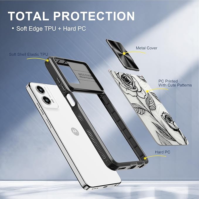 for Motorola Moto G 5G 2024 Case with Rose, Metal Slide Camera Cover, Screen Protector, Anti-Peeping Privacy Safeguard, Camera Lens Protector Phone Case for Moto G 5G 2024
