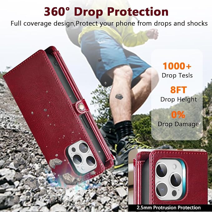 Wallet Case for iPhone 14 Pro Max with Card Holder/Crossbody Wallet/Strap| RFID Blocking | Magnetic | Kickstand | Detachable | PU Leather Phone Case for iPhone 14 Pro Max,6.7 in,Wine Red