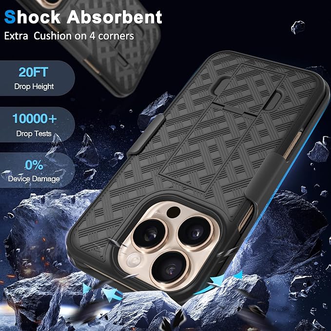 Fingic for iPhone 16 Pro Case with Belt Clip Holster Case Slim Combo Shell with Kickstand Swivel Holster Rugged Shockproof Antiscratch Full Body Protective Case for iPhone 16 Pro,6.3 inch,2024,Black