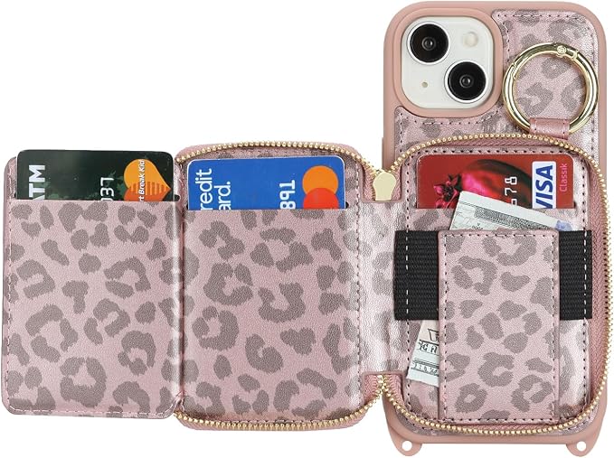 Crossbody Wallet Case for iPhone 14, PU Leather Zipper Handbag Purse Flip Cover, Kickstand Folio Case with Card Slots Holder Wrist Strap Lanyard 5G 6.1 Inch-Pink Leopard