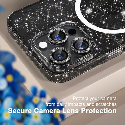 Choiche for iPhone 16 Pro Case Magnetic, Women Clear Glitter Bling Sparkly Case, [3xDiamond Camera Lens Protectors] [2xTempered Glass Screen Protectors] [Compatible MagSafe] 6.3"(Glitter Black)