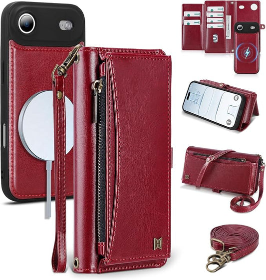 Wallet Case for iPhone Air with Card Holder/Crossbody Wallet/Strap,[RFID Blocking][Magnetic] PU Leather Phone Case for iPhone Air,6.5 in,Wine Red