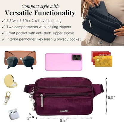 Baggallini Securtex Anti-theft Belt Bag 8.8"x5.5" Crossbody Fanny Pack for Women RFID Wallet Locking Zipper Travel Purse