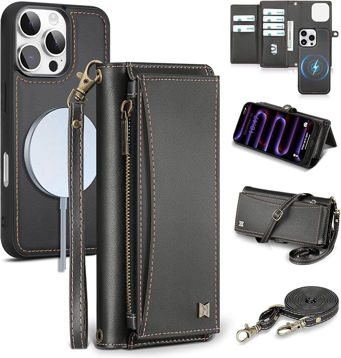 Wallet Case for iPhone 16 Pro Max with Card Holder/Crossbody Wallet/Strap| RFID Blocking | Magnetic | Kickstand | Detachable | PU Leather Phone Case for iPhone 16 Pro Max,6.9 in,Black