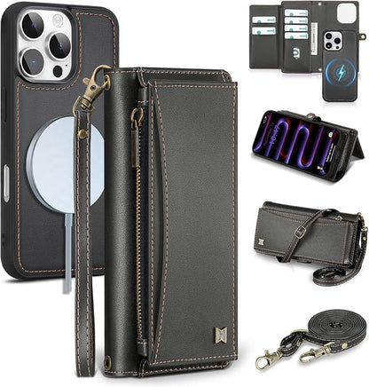 Wallet Case for iPhone 16 Pro Max with Card Holder/Crossbody Wallet/Strap| RFID Blocking | Magnetic | Kickstand | Detachable | PU Leather Phone Case for iPhone 16 Pro Max,6.9 in,Black