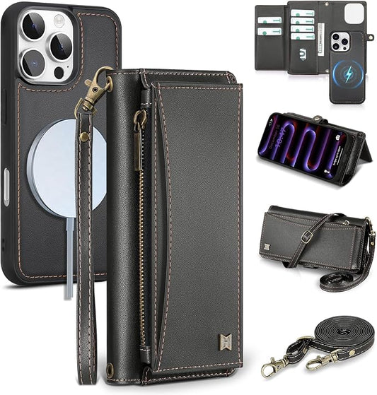 Wallet Case for iPhone 16 Pro Max with Card Holder/Crossbody Wallet/Strap| RFID Blocking | Magnetic | Kickstand | Detachable | PU Leather Phone Case for iPhone 16 Pro Max,6.9 in,Black