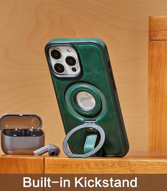 for iPhone 14 Pro Max Leather Case with Stand, Anti-Slip Grip Ring, Fits for MagSafe (Green, iPhone 14 Pro Max)