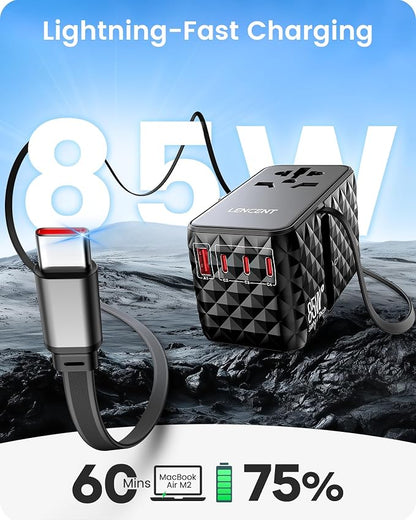 LENCENT 85W Universal Travel Power Adapter with Retractable USB C Cable | GaN International Travel Adapter with 1 USB-A & 3 Type C Fast Charging, Worldwide Plug Adaptor for US to EU UK Type C/G/A/I