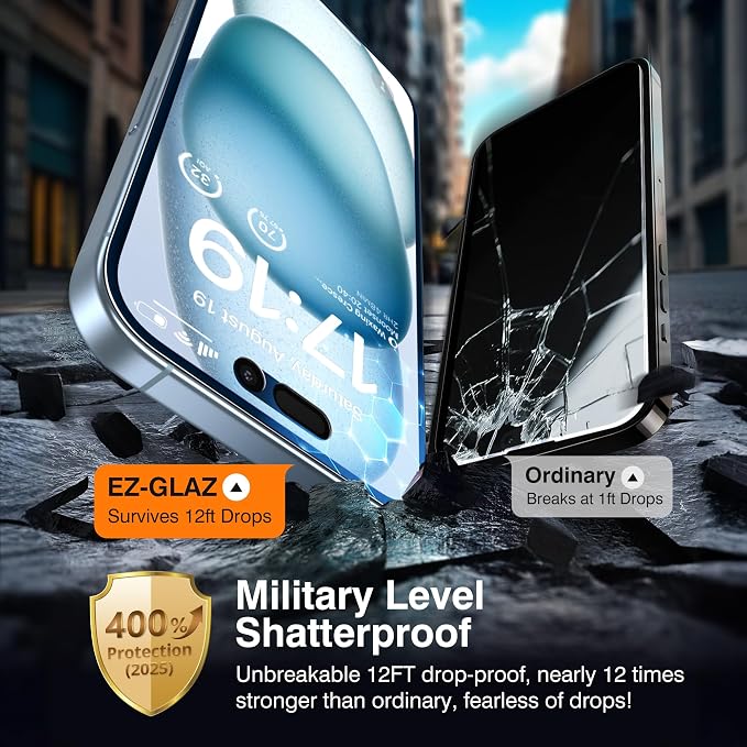 EZ-GLAZ- 4 Pack for iPhone 15 Plus Privacy Screen Protector [6.7"] With 2 Pack Camera Lens Protector, 9H+ Hardness 12FT Military Grade Shatterproof Scratch Resistant Durable Tempered Glass Film with Flawless Fit Kit