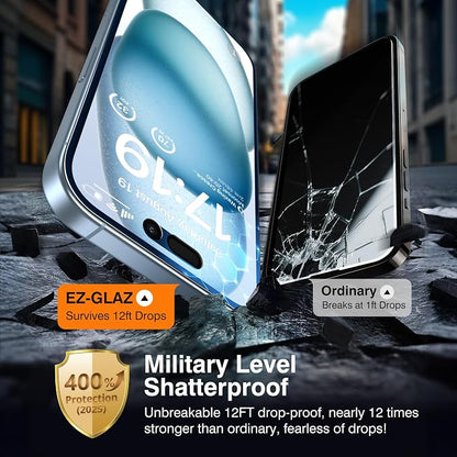 EZ-GLAZ- 4 Pack for iPhone 15 Plus Privacy Screen Protector [6.7"] With 2 Pack Camera Lens Protector, 9H+ Hardness 12FT Military Grade Shatterproof Scratch Resistant Durable Tempered Glass Film with Flawless Fit Kit