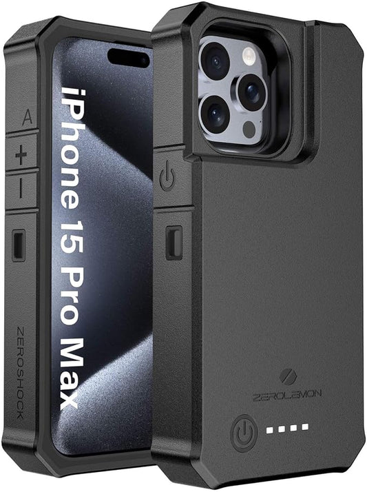 ZEROLEMON RuggedJuicer Battery Case for iPhone 15 Pro Max Black | 10000mAh, Battery Charger, 18W Fast Charging Power, Extended Battery Charger, with Rugged Cover