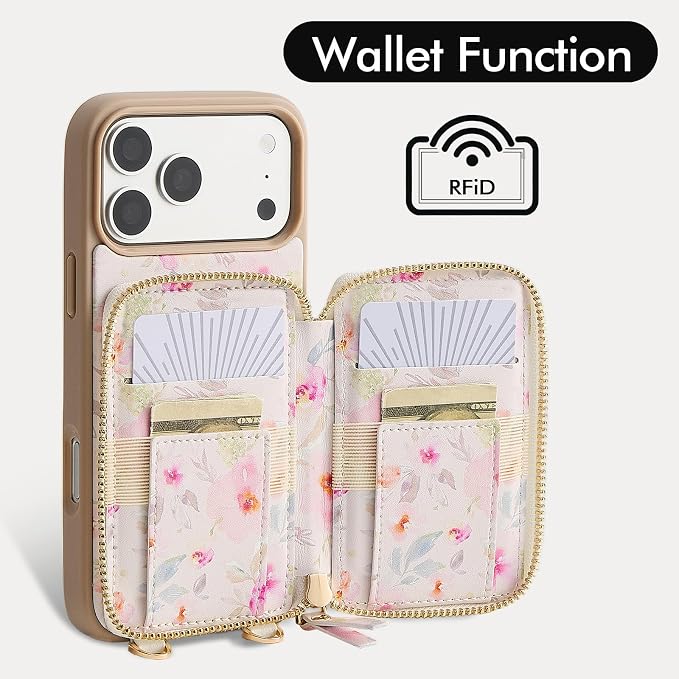 ZVE for iPhone 17 Pro Max Wallet Case Crossbody, Zipper Phone Cover with Chain Wrist Strap RFID Blocking for 6.9" Flower