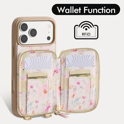 ZVE for iPhone 17 Pro Max Wallet Case Crossbody, Zipper Phone Cover with Chain Wrist Strap RFID Blocking for 6.9" Flower