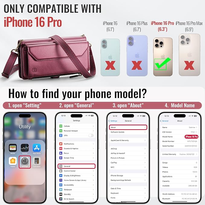 Strapurs Wallet Case Compatible with iPhone 16 Pro 6.3" RFID Blocking 10-Card Holder Soft PU Leather Magnetic Snap Shoulder Strap Zipper Pocket Phone Case Fit for iPhone 16 Pro for Women - Wine Red