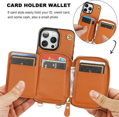 Bocasal for MagSafe Crossbody Wallet Case Compatible with iPhone 15 Pro Max, RFID Blocking Protective Purse Case with Card Slots Holder Kickstand Wrist Strap Lanyard Zipper 6.7 Inch 5G (Brown)