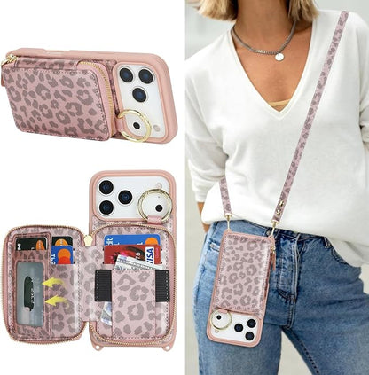 Crossbody Wallet Case for iPhone 17 Pro Max, PU Leather Zipper Handbag Purse Flip Cover, Kickstand Folio Case with Card Slots Holder Wrist Strap Lanyard 5G 6.9 Inch-Pink Leopard
