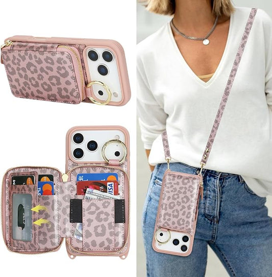 Crossbody Wallet Case for iPhone 17 Pro Max, PU Leather Zipper Handbag Purse Flip Cover, Kickstand Folio Case with Card Slots Holder Wrist Strap Lanyard 5G 6.9 Inch-Pink Leopard