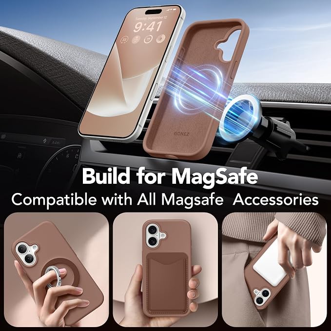 GONEZ Magnetic for iPhone 17 Case, Compatible with MagSafe, [Screen Protector + Camera Lens Protector], Liquid Silicone Anti-Scratch Shockproof Protective Phone Case 6.3 inch, Brown