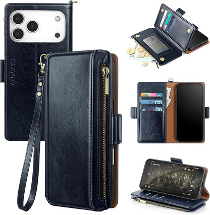 Antsturdy Compatible with iPhone 17 Pro Wallet Case Women,RFID Blocking PU Leather Phone Case Men Kickstand Flip Cover Wrist Strap Zipper Credit Card Holder Slots for Apple 17 Pro 6.3",Dark Blue