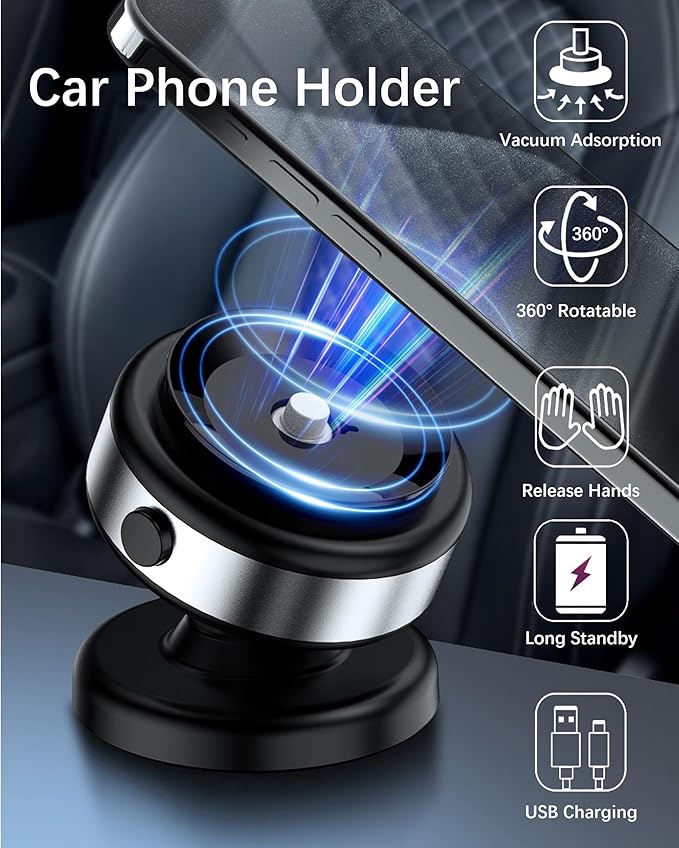 Electric Vacuum Suction Cup Magnetic Phone Mount, 360 Rotatable Magnetic Cell Phone Holder, Adjustable Hands-Free Portable for Magsafe iPhone Car Gym Mirror Smooth Surface(Silver)
