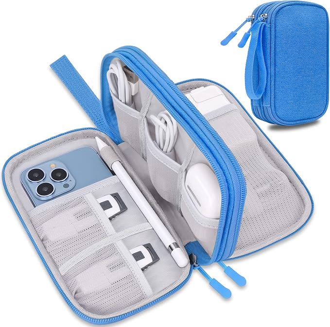 Lacdo Electronic Organizer, Travel Cable Organizer Bag Pouch Tech Electronic Accessories Carry Case Portable Double Layer Charger Case for Cable, Cord, Charger, Phone, Earphone, Power Bank, Azure Blue