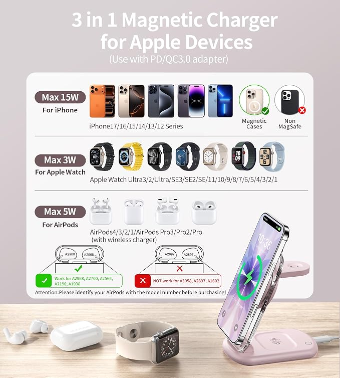 3 in 1 Magnetic Wireless Charging Station for Apple Devices, Fast Foldable Travel Mag-Safe Charger Stand with Night Light for iPhone 17 16 15 14 13 12 Series, Apple Watch/AirPods Pro, PK