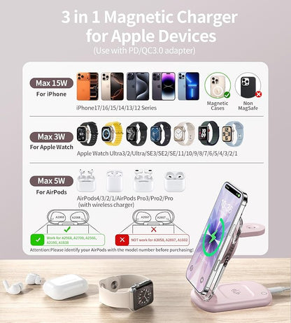 3 in 1 Magnetic Wireless Charging Station for Apple Devices, Fast Foldable Travel Mag-Safe Charger Stand with Night Light for iPhone 17 16 15 14 13 12 Series, Apple Watch/AirPods Pro, PK