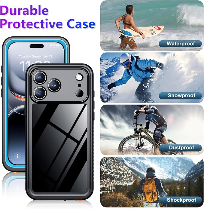 Temdan Compatible with iPhone 17 Pro Case,Waterproof Built-in Screen & Camera Protector IP68 Underwater Full Body 17FT Military Dropproof Shockproof Phone Case 6.3"-Blue/Clear