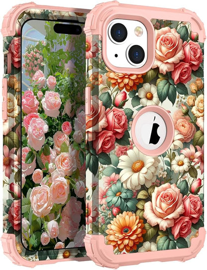 Hocase for iPhone 15 Case, Heavy Duty Shockproof Protection Soft Silicone Rubber Bumper+Hard Plastic Hybrid Protective Case for iPhone 15 (6.1" Display) 2023 - Flower Garden