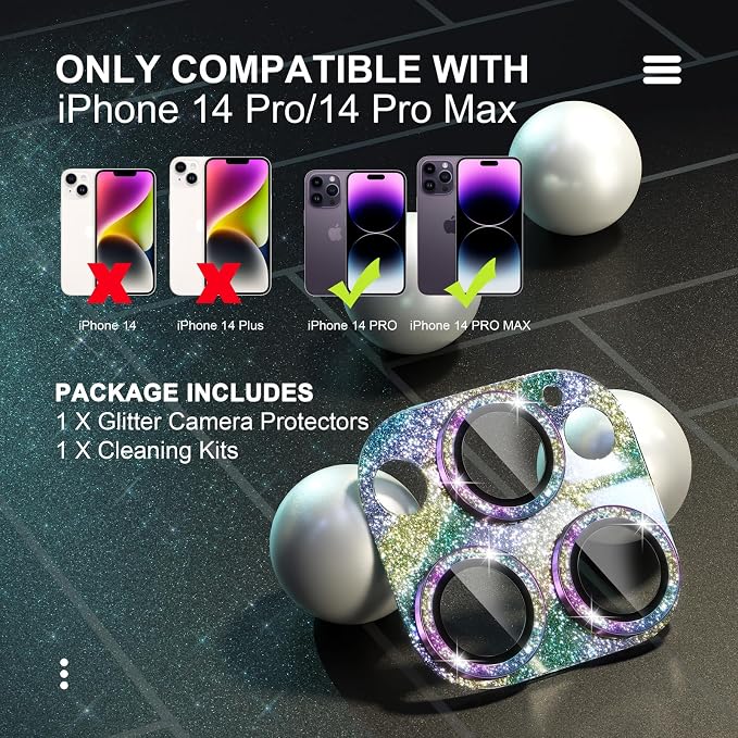 Choiche for iPhone 14 Pro/iPhone 14 Pro Max Camera Lens Protector, Bling Camera Cover with 9H Tempered Glass Lens Screen Protector Metal Ring Decoration Accessories (Glitter-Rainbow)