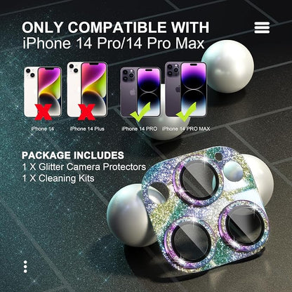 Choiche for iPhone 14 Pro/iPhone 14 Pro Max Camera Lens Protector, Bling Camera Cover with 9H Tempered Glass Lens Screen Protector Metal Ring Decoration Accessories (Glitter-Rainbow)