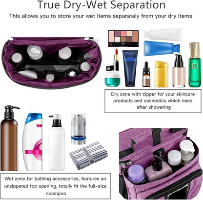 Bukere Portable Shower Caddy College Dorm Room Essential, Shower Caddy Tote Bag for Student, Girl, Women, Separate Compartment, Large Capacity, Quick Dry Mesh Base for Travel, Gym, Camp, Purple
