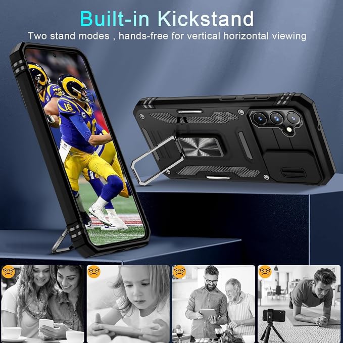 DEERLAMN Case for Samsung Galaxy S23 FE 6.4-Inch with Slide Camera Cover+Screen Protector(1 Pack),Rotated Ring Kickstand Military Grade Shockproof Protective Cover-Black