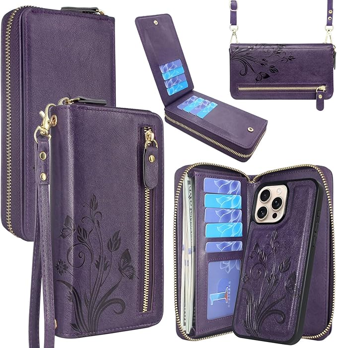 Lacass for iPhone 16 Pro Max 6.9 inch 2024 Wallet Case, Crossbody Dual Zipper Detachable Magnetic Leather Wallet Case Cover Wristlets Wrist Strap 13 Card Slots Money Pocket(Floral Dark Purple)