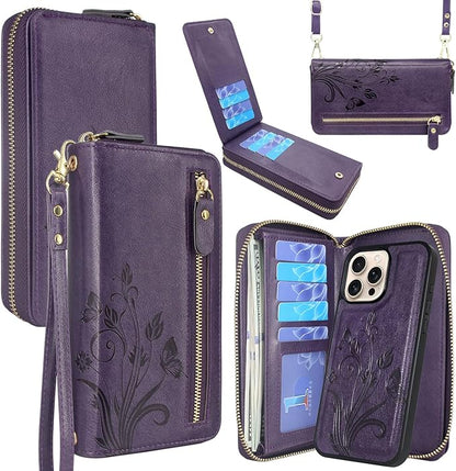 Lacass for iPhone 16 Pro Max 6.9 inch 2024 Wallet Case, Crossbody Dual Zipper Detachable Magnetic Leather Wallet Case Cover Wristlets Wrist Strap 13 Card Slots Money Pocket(Floral Dark Purple)