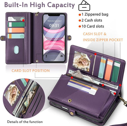 for Wallet Case Compatible with iPhone 11,Multi-Function Detachable 3 in 1 Magnetic iPhone 11 Case Wallet,Flip Strap Zipper Card Holder Phone Case with Shoulder Straps (Pruple)
