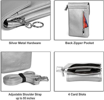 befen Genuine Leather Small Crossbody Bags for Women Cell Phone Bag Cross Body Purses,Silver Zipper