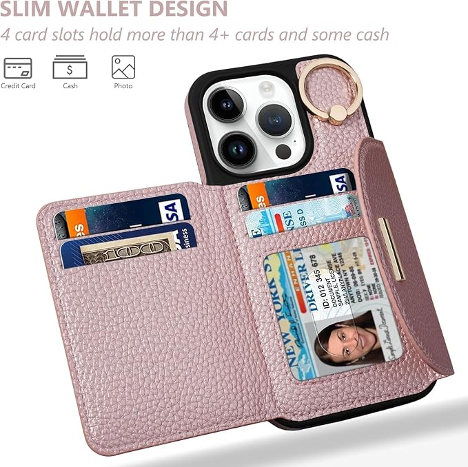 Keallce Wallet Case for iPhone 16 Pro 6.3'', Flip Case with Card Slots, Ring Holder Kickstand, PU Leather Protective Folio Cover for Women, Rosegold
