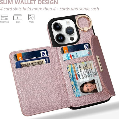 Keallce Wallet Case for iPhone 16 Pro 6.3'', Flip Case with Card Slots, Ring Holder Kickstand, PU Leather Protective Folio Cover for Women, Rosegold