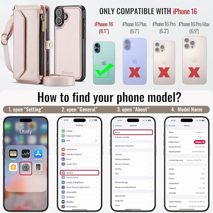 Strapurs for iPhone 16 Detachable Wallet Case Compatible with Magsafe for Women, RFID Blocking 9-Card Holder Zipper Wrist Strap Lanyard PU Leather Magnetic Phone Case for iPhone 16 6.1", Rose Gold