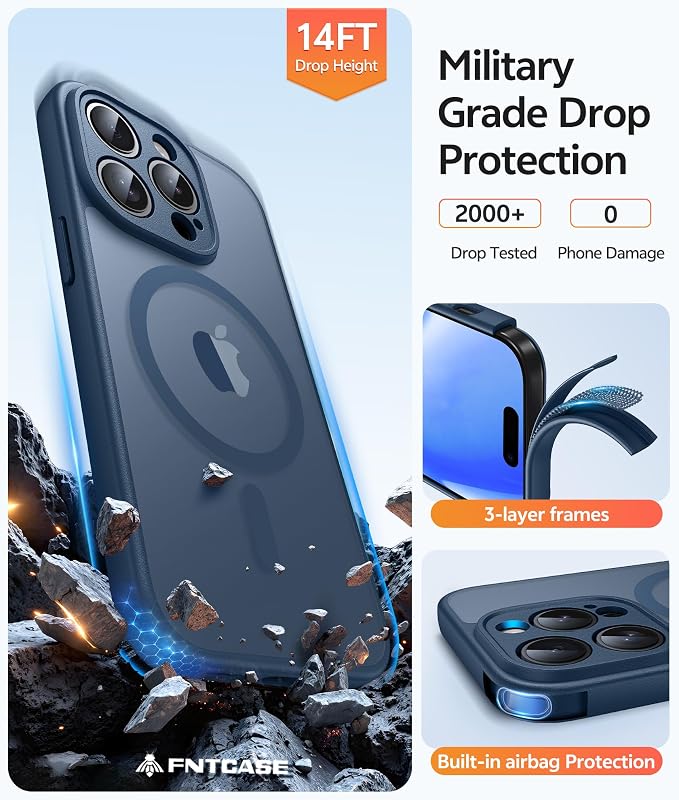 FNTCASE for iPhone 14 Pro Case: [Compatible with Magsafe] Translucent Matte Cases with [Full Camera Protection] [Screen Protector] Military Grade Shockproof Protective Phone Cover - Blue