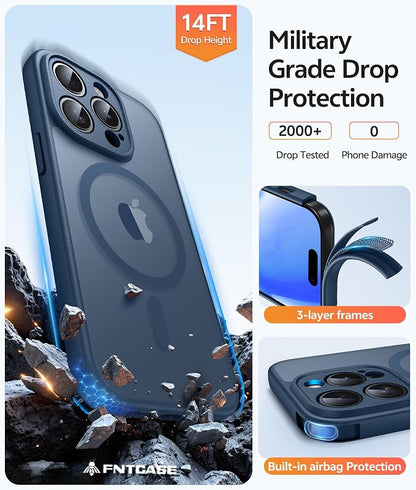 FNTCASE for iPhone 14 Pro Case: [Compatible with Magsafe] Translucent Matte Cases with [Full Camera Protection] [Screen Protector] Military Grade Shockproof Protective Phone Cover - Blue