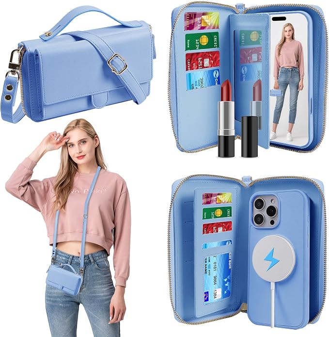 Lacass for iPhone 16 Pro Max Detachable Crossbody Wallet Case, Compatible with MagSafe Magnetic 2 in 1 RFID Blocking PU Leather Wallet Cover Card Holder Zipper Make Up Mirror (Blue)