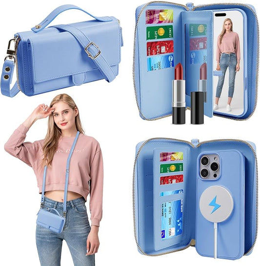Lacass for iPhone 16 Pro Max Detachable Crossbody Wallet Case, Compatible with MagSafe Magnetic 2 in 1 RFID Blocking PU Leather Wallet Cover Card Holder Zipper Make Up Mirror (Blue)
