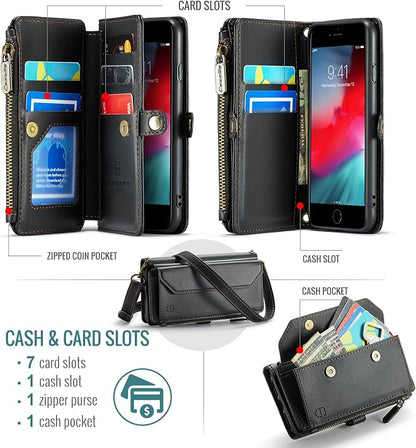 Strapurs Crossbody Wallet Case Compatible with iPhone SE/7/8 RFID Blocking 7-Card Holder Soft PU Leather Magnetic Snap Shoulder Strap Zipper Pocket Phone Cases Fit for iPhone SE 2020 2022 - Black