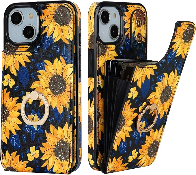 HAOPINSH for iPhone 13/ iPhone 14 Wallet Case with Card Holder, 360°Rotation Ring Kickstand, Blooming Sunflowers Pattern, RFID Blocking Leather for Girls Women,Double Buttons Protective Cover 6.1"