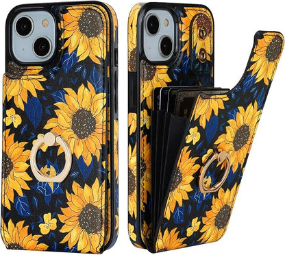 HAOPINSH for iPhone 13/ iPhone 14 Wallet Case with Card Holder, 360°Rotation Ring Kickstand, Blooming Sunflowers Pattern, RFID Blocking Leather for Girls Women,Double Buttons Protective Cover 6.1"