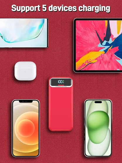 Nusyddy Portable Charger 20000mAh 22.5W w/Built-in Cables & Wall Plug Red | 22.5W Fast Charging, High Capacity, LED Display, Charge 5 Devices at once, TSA Approved, Compatible with iPhone/iPad/Samsung